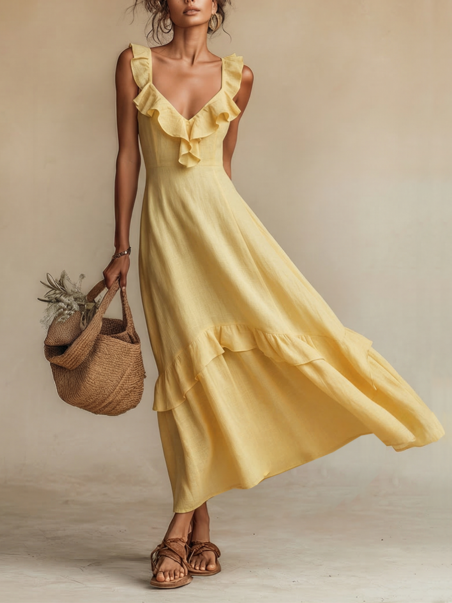 Abito maxi in lino giallo da donna con scollo a V e volant - Boho ed estivo