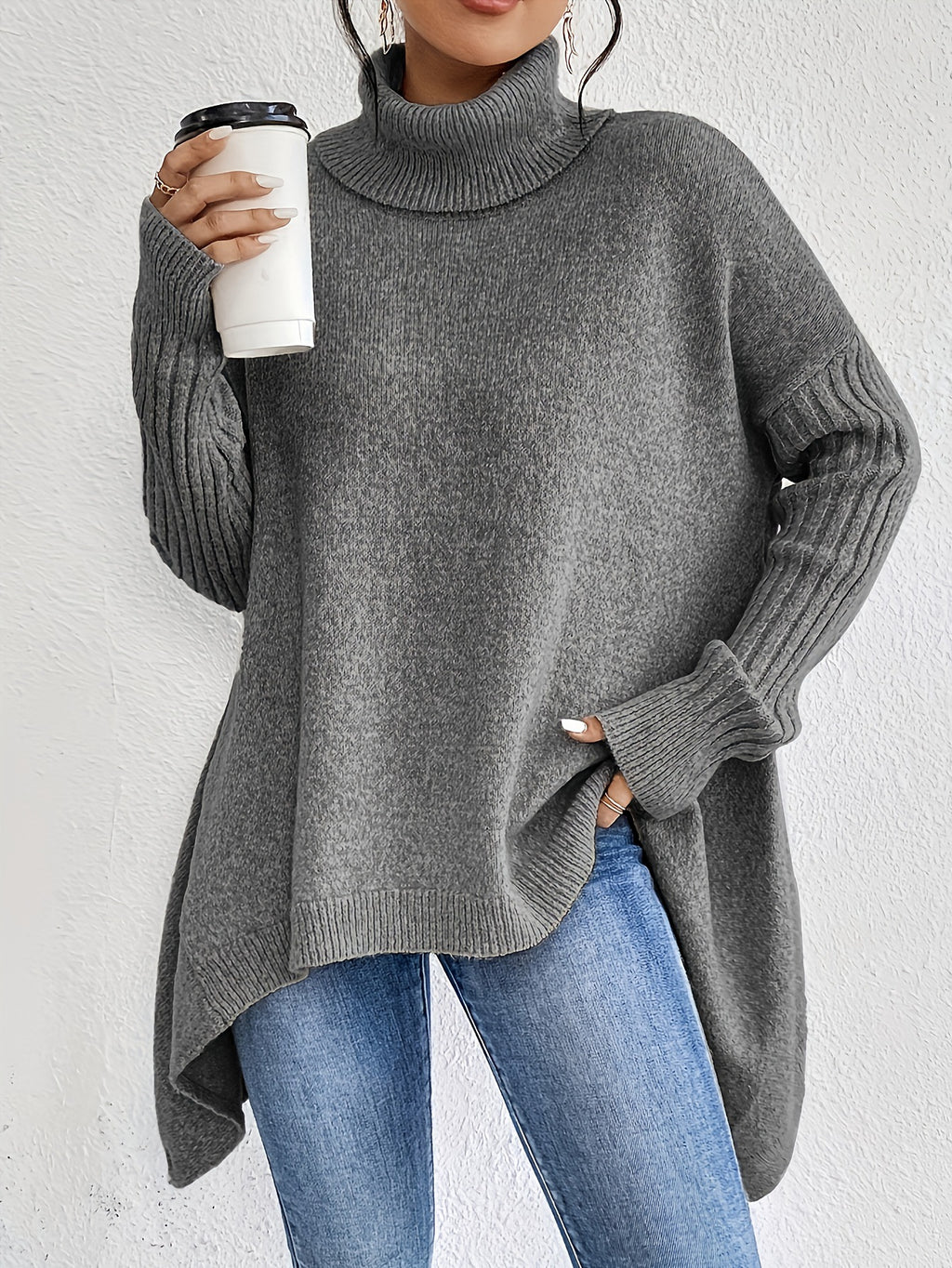 Maglione dolcevita irregolare da donna – Pullover a maniche lunghe in maglia larga