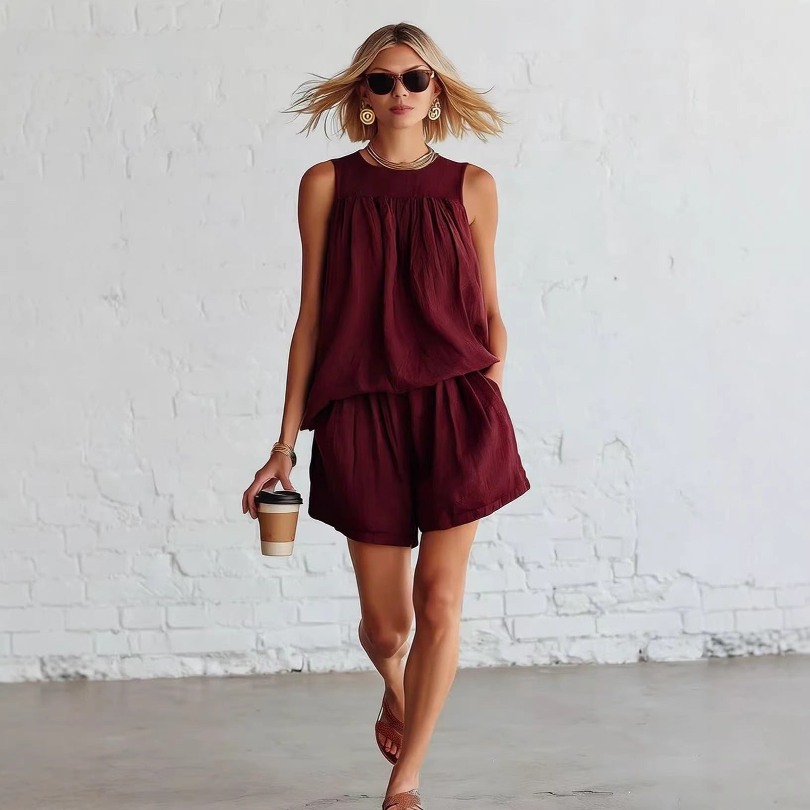 Set donna retro con top plissettato senza maniche e short ampi - Elegante ed estivo