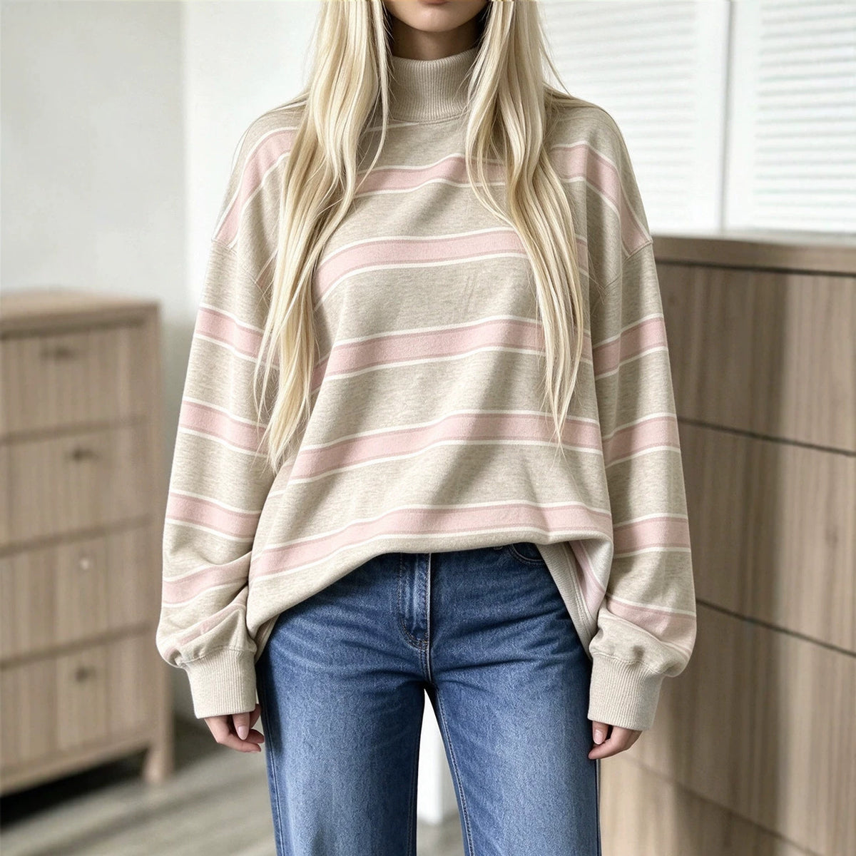 Sweat-shirt femme à rayures imprimées – Décontracté et tendance