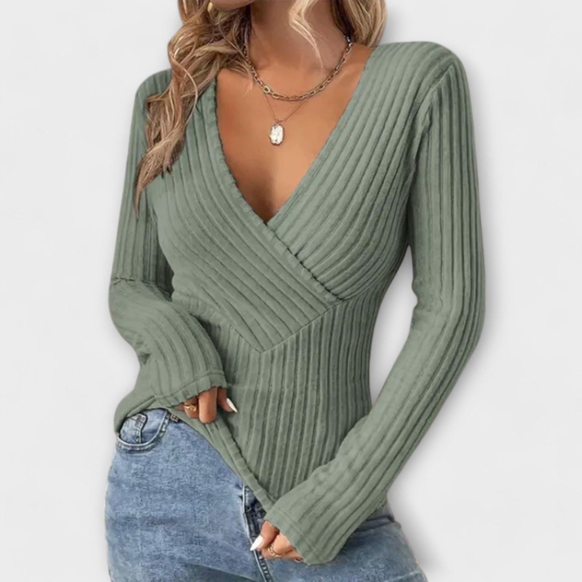 Maglione da donna con scollo a V intrecciato – Maglia a coste a maniche lunghe