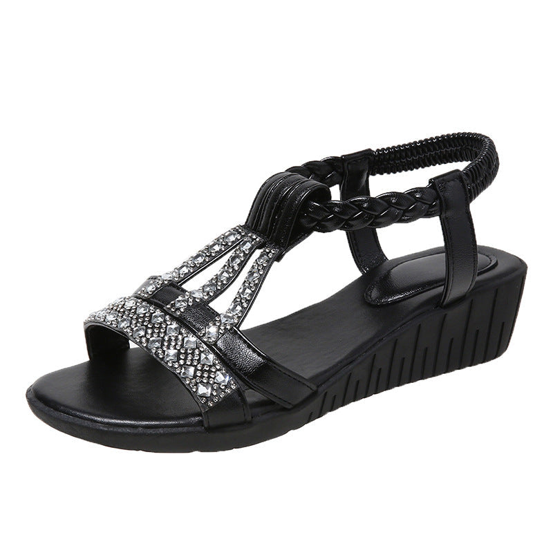 Eleganti sandali boho con zeppa da donna con strass - aperti e comodi per l'estate
