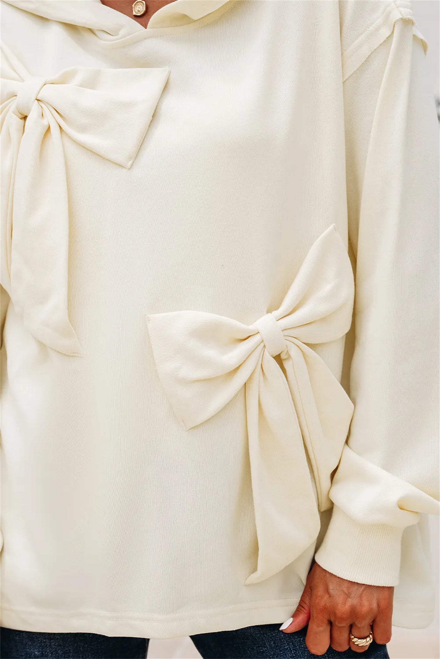 Felpa con cappuccio bianca da donna con fiocco – Felpa liscia morbida e larga