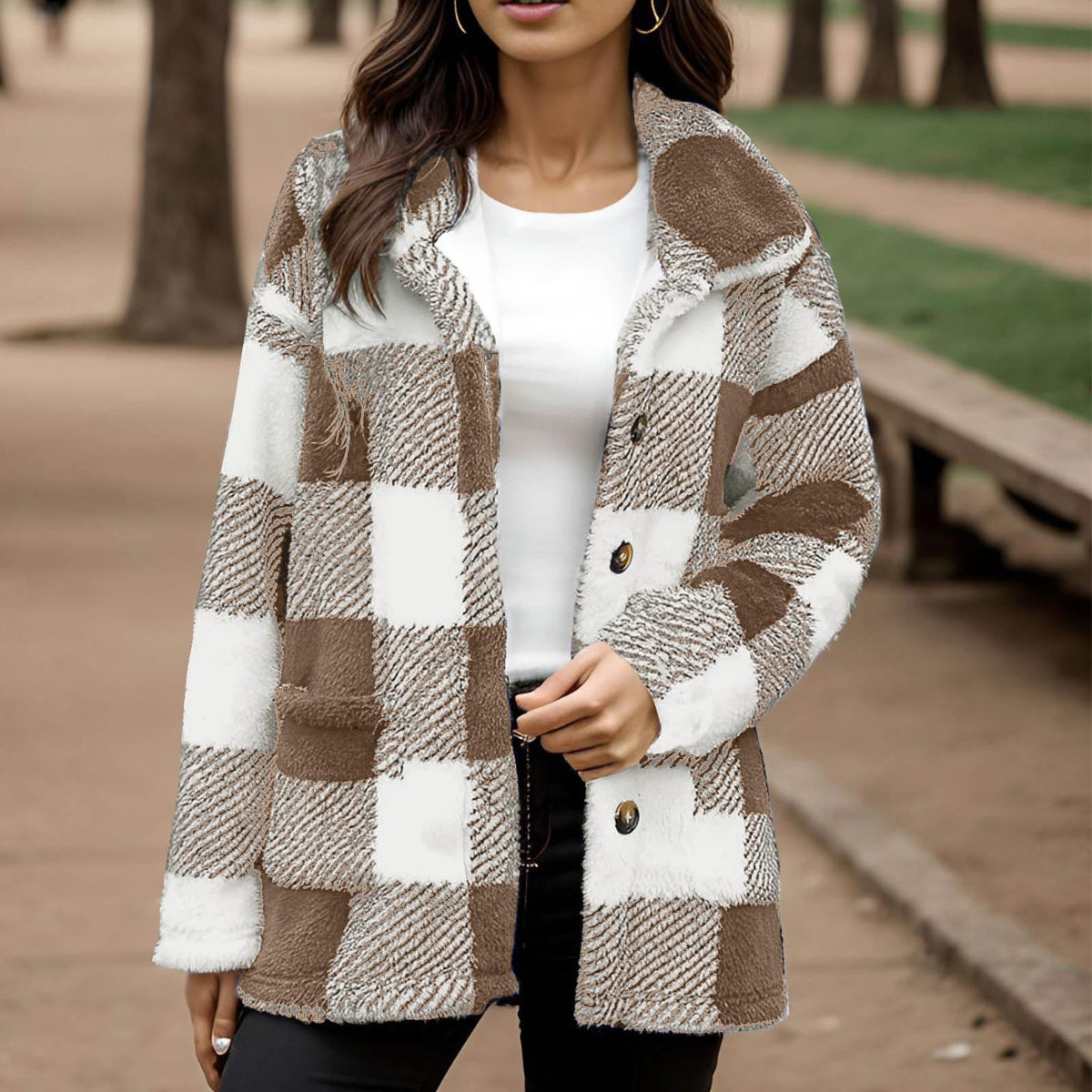 Manteau peluche à carreaux pour femme - Chaud et pratique