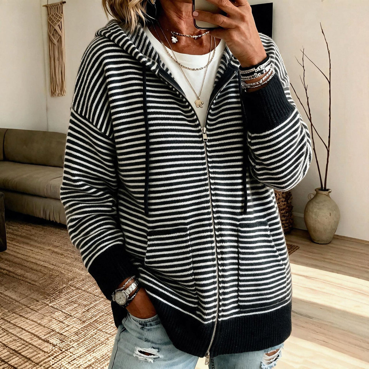 Women's striped hooded cardigan - Soft and casual