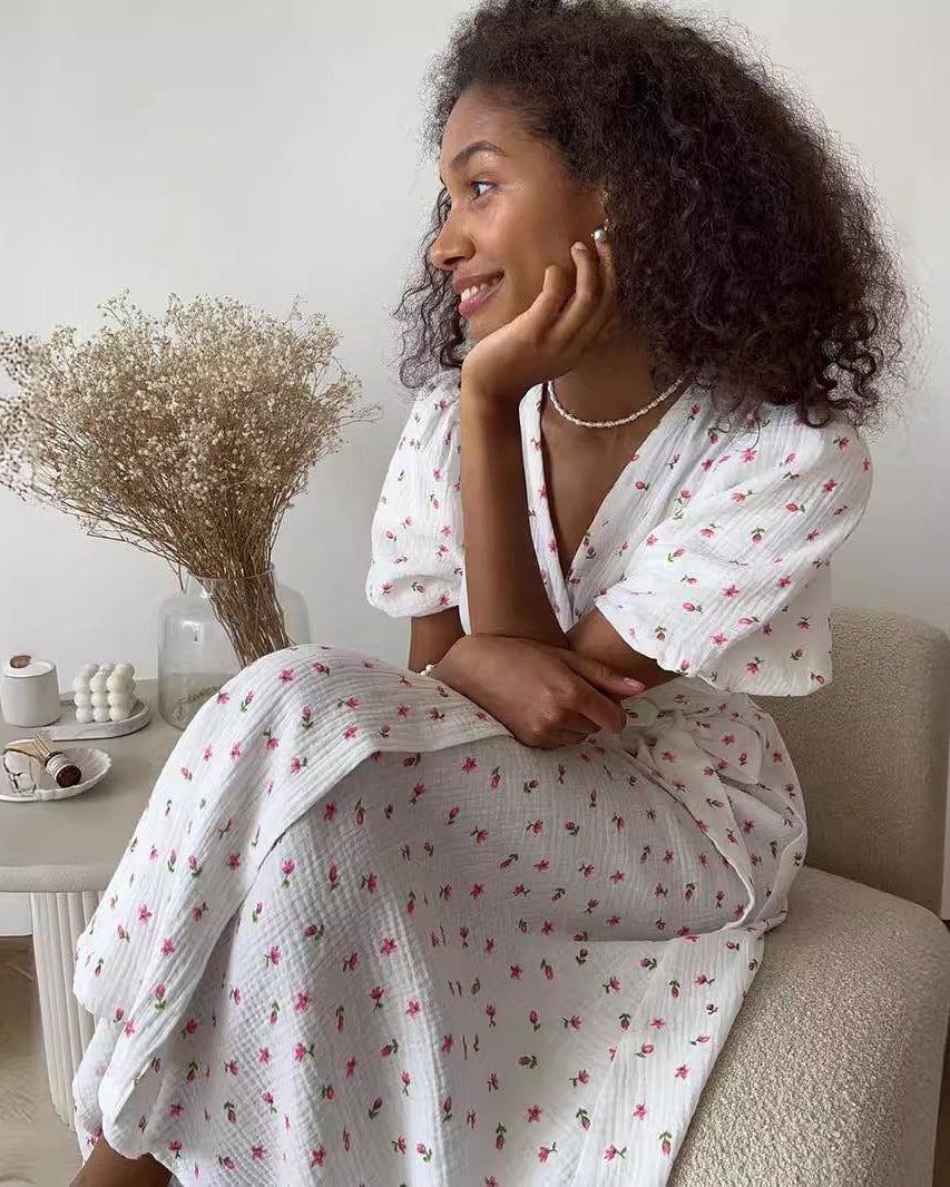 Abito lungo floreale da donna con scollo a V e laccio frontale