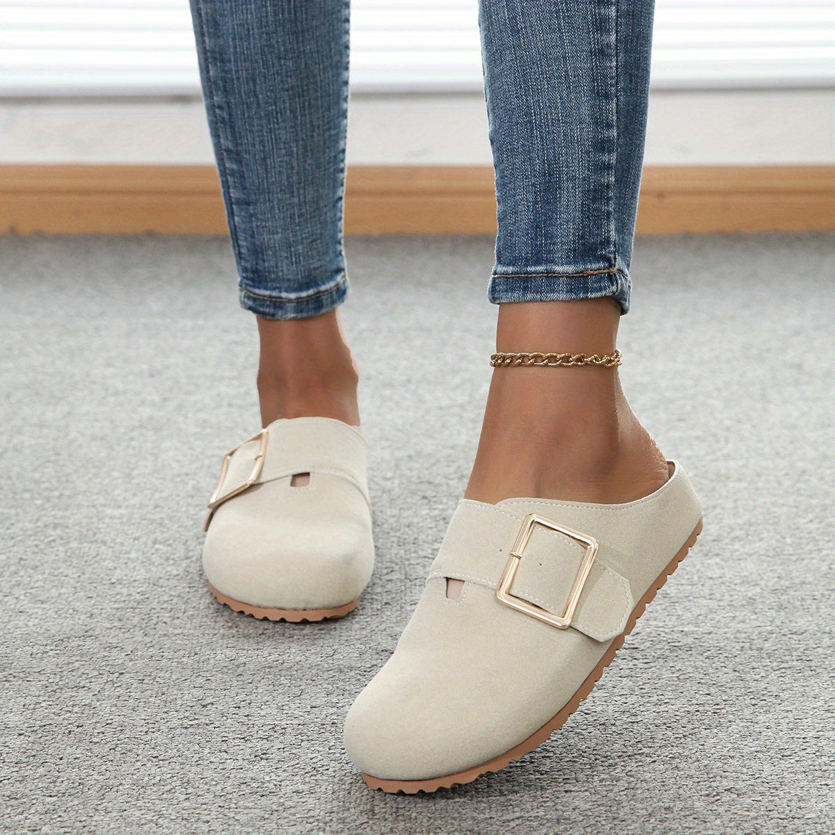 Women's slip-on mules - Comfortable fabric upper with metal buckle strap, soft PU insole, and durable PVC sole - Casual shoes for all seasons, easy to clean, stylish | Guaranteed comfort