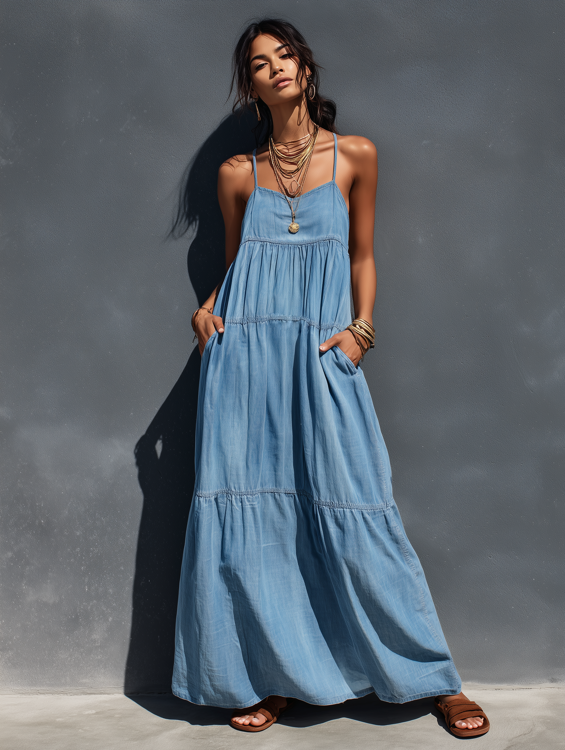 Abito maxi in denim con spalline da donna - Casual e di tendenza