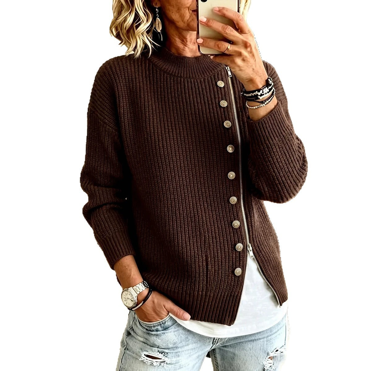 Women's ribbed sweater with asymmetrical zipper – Modern and comfortable