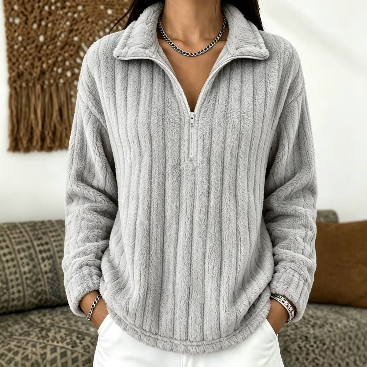 Maglione donna a coste con collo zip - Caldo e confortevole