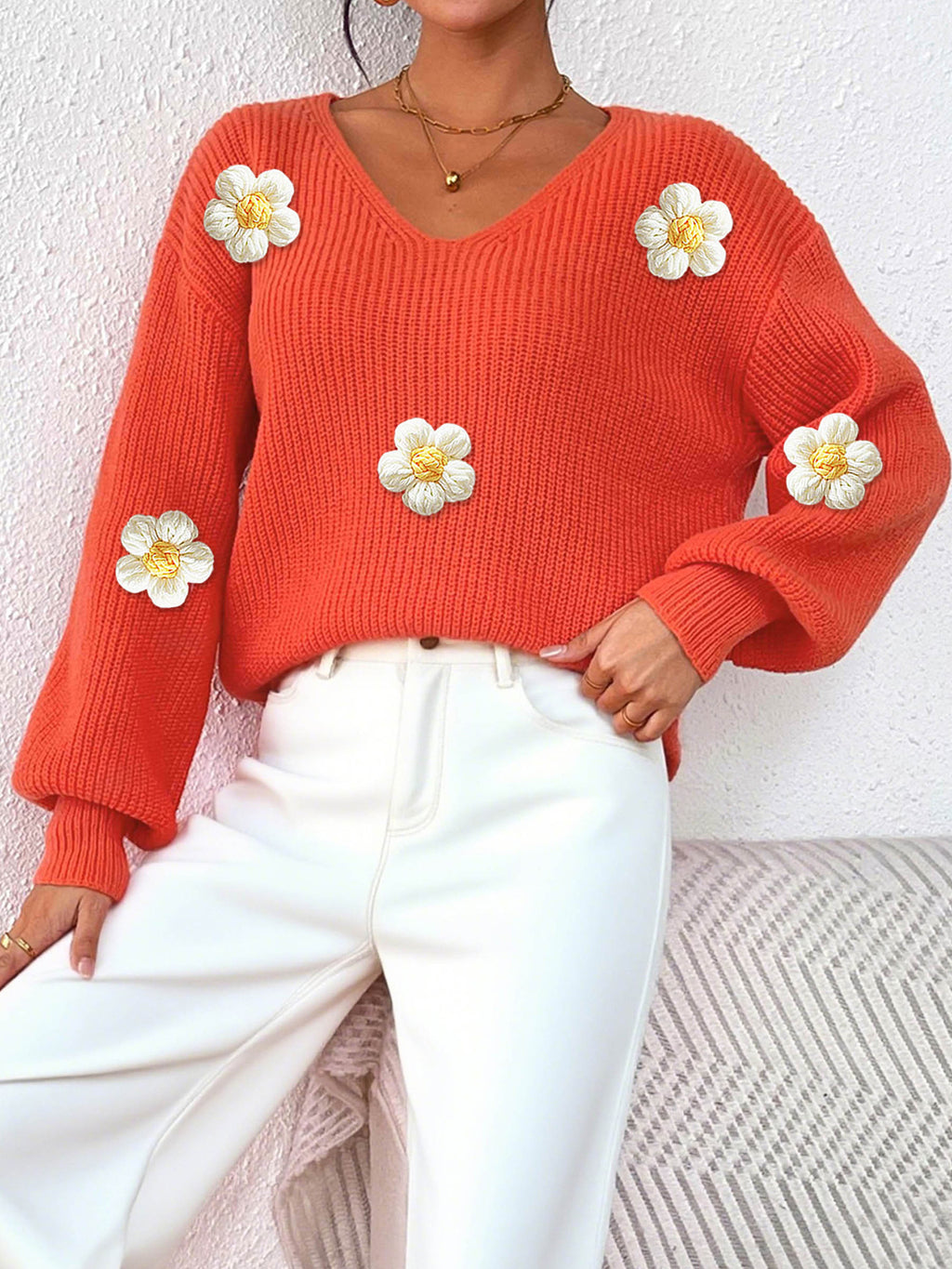 Blomstret patchwork-striktrøje til kvinder - Tekstureret og elegant