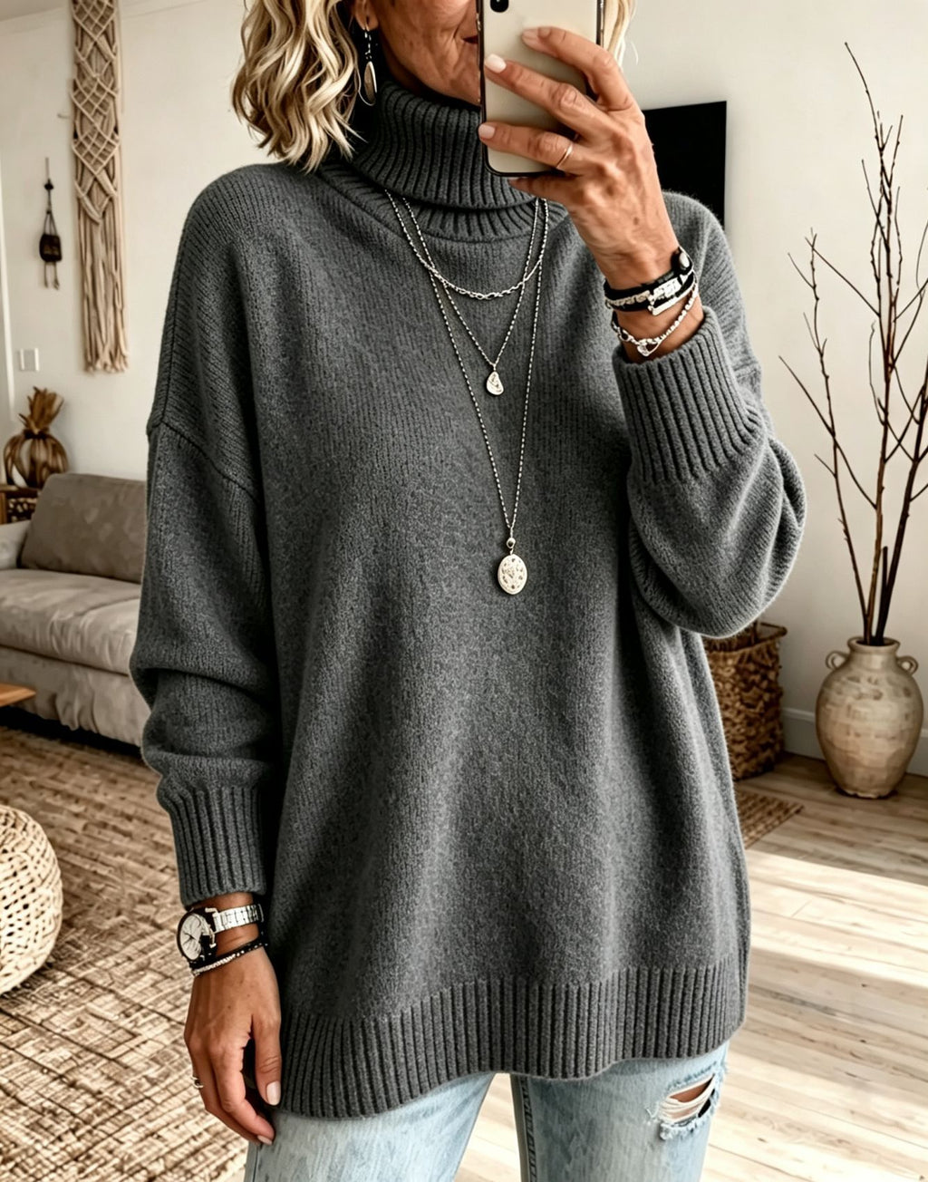Pull femme ample à col roulé - Chaud et facile à porter