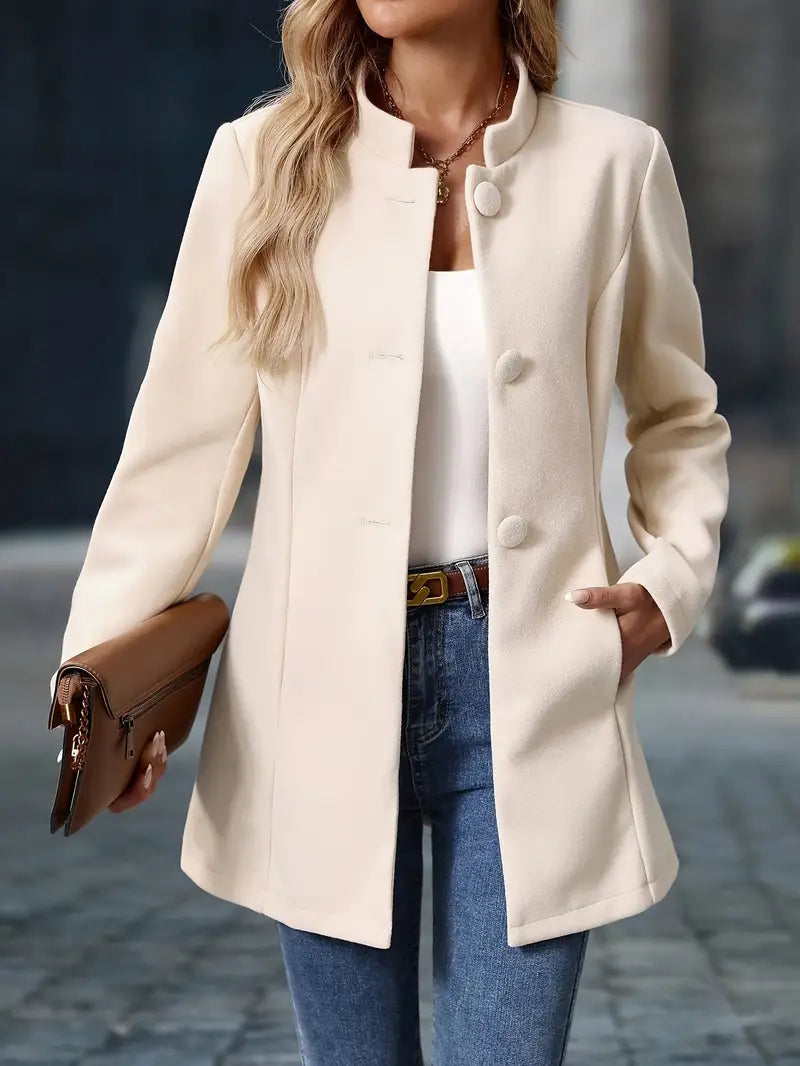 Elegante cappotto invernale di media lunghezza per donna – Cappotto con collo alto e bottoni