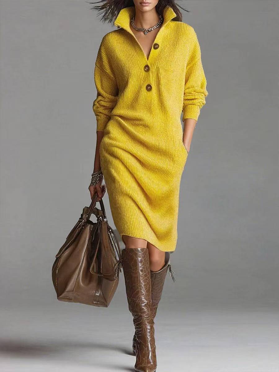 Abito in maglia a maniche lunghe da donna – Scollo a V alto con bottoni