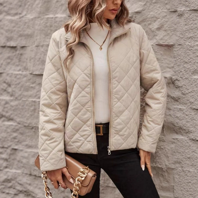 Cappotto Donna con Motivo a Diamante e Maniche Lunghe – Colletto con Revers e Vestibilità Morbida
