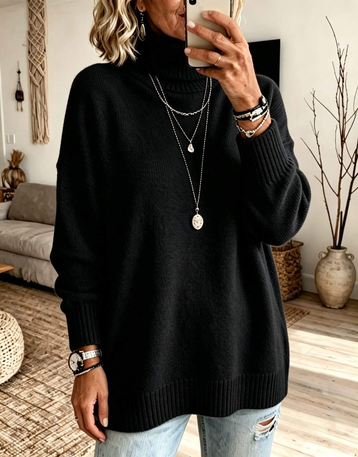 Pull femme ample à col roulé - Chaud et facile à porter