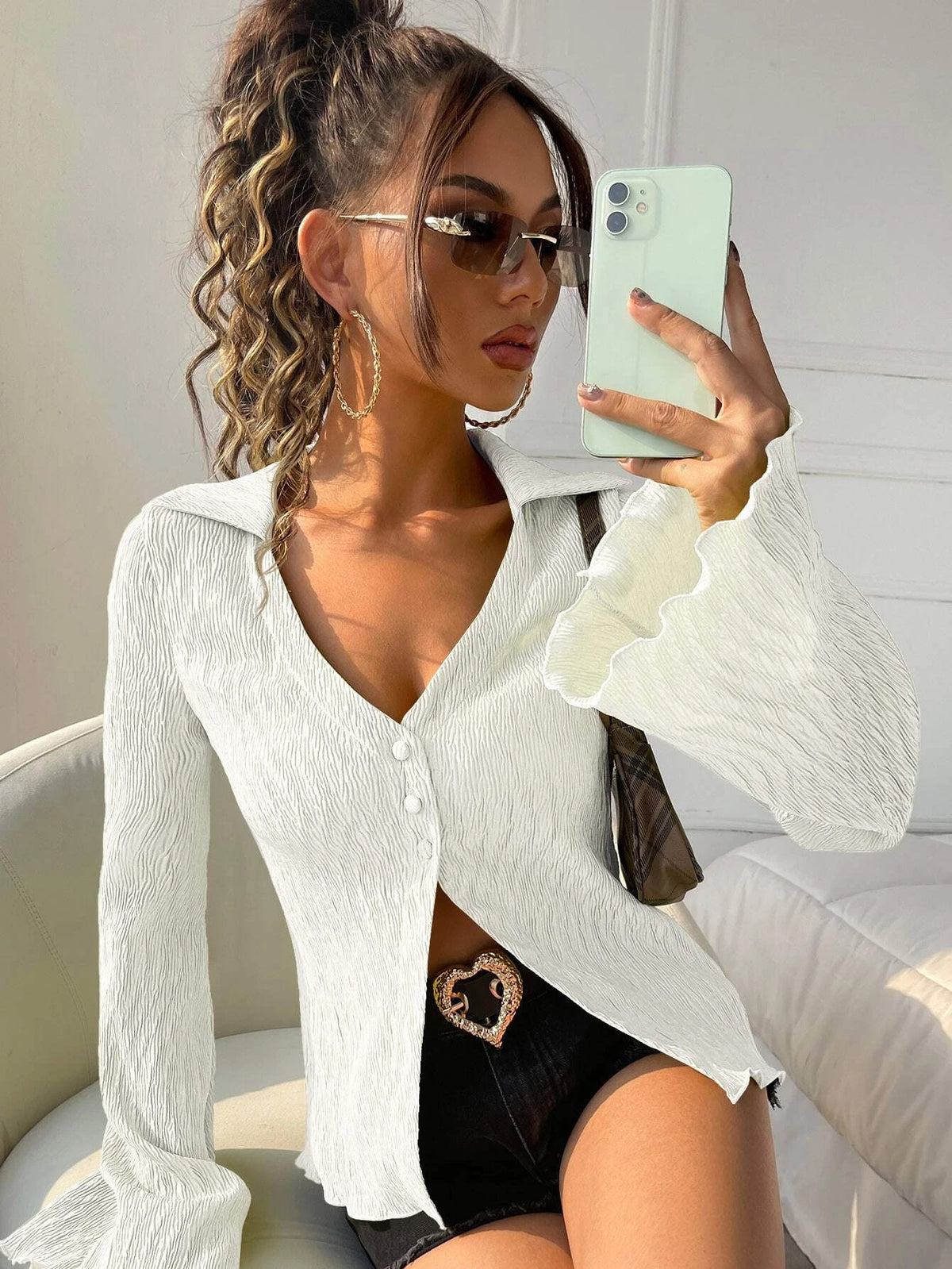Top femme rétro en maille dense à manches longues - Doux et facile à porter