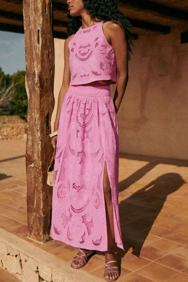 Elegante completo da donna Santorini ricamato in due pezzi - Top corto senza maniche e gonna lunga fluida - Completo estivo casual leggero da spiaggia