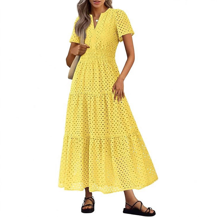 Abito lungo e fluido da spiaggia da donna – Stile scollo a V con maniche corte con occhielli