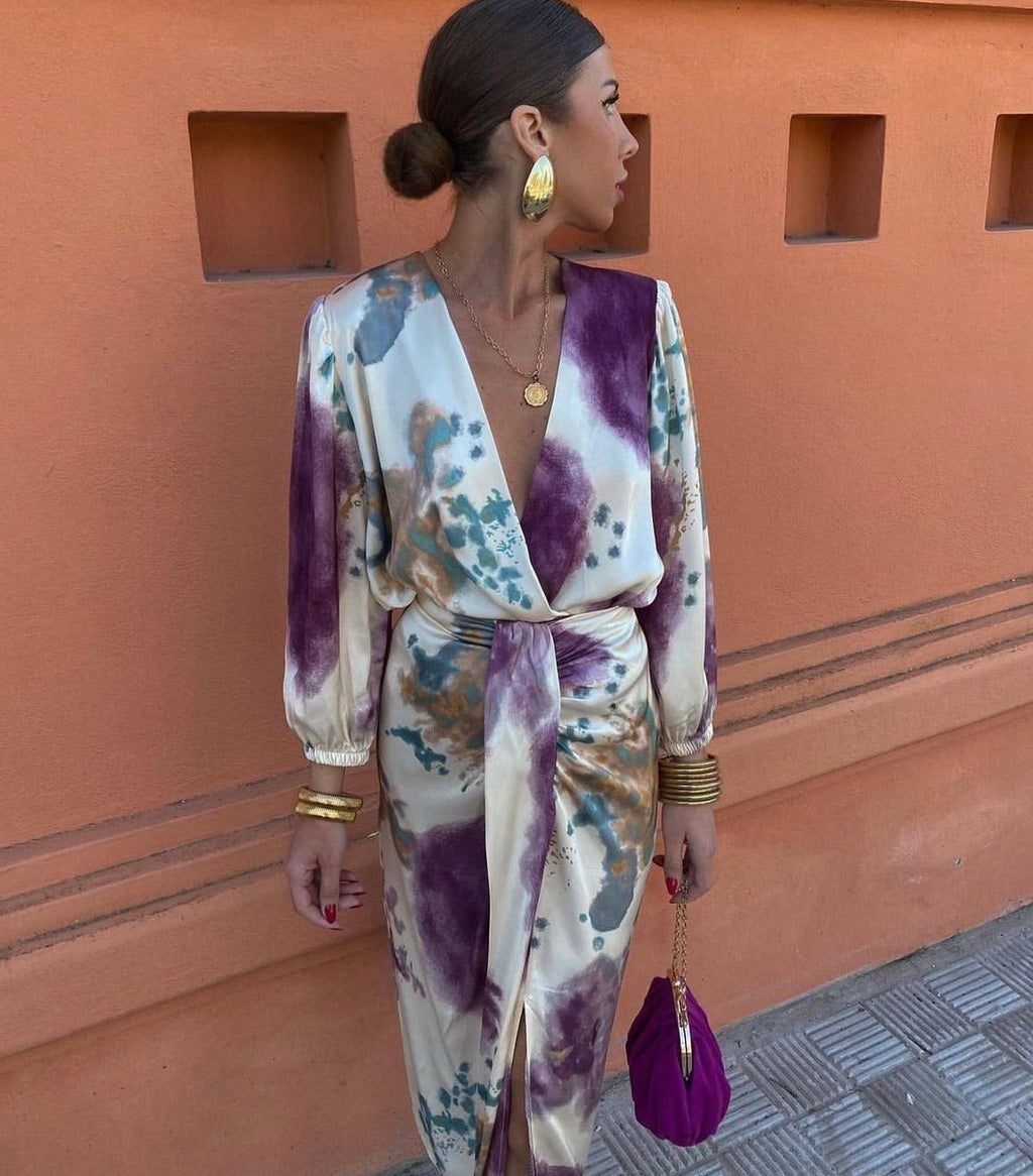 Donna elegante e colorato con scollo a V e maniche a palloncino Set - Estate