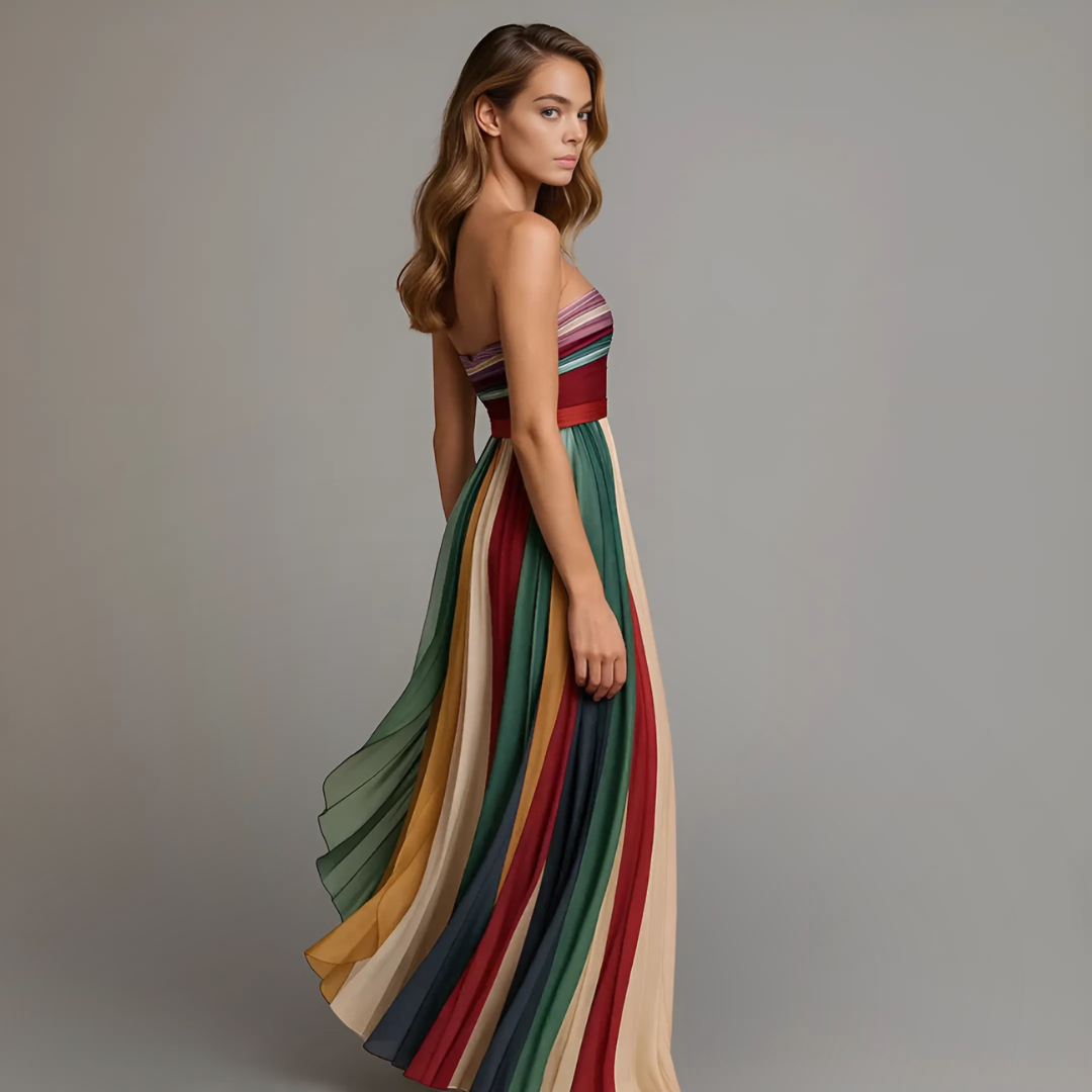 Abito lungo donna bustier plissettato – Vestito maxi elegante senza spalline per cerimonie e matrimoni