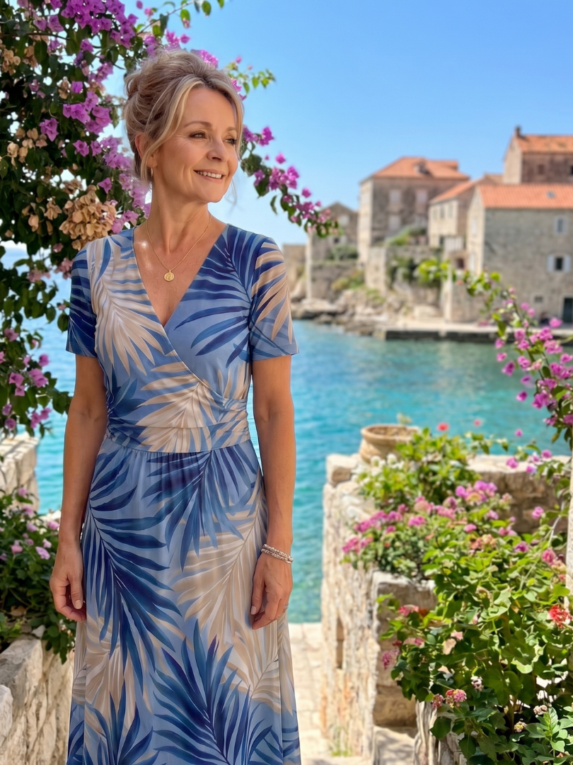 Abito midi floreale da donna con scollo a V e maniche corte - Fluido ed estivo