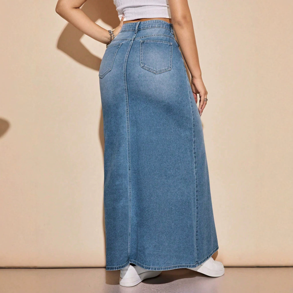 Jupe longue en denim délavé pour femme - Décontractée et polyvalente