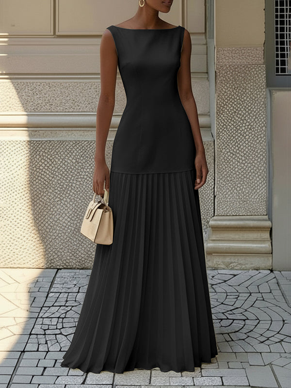 Vestito maxi plissettato da donna con scollo a barca – elegante senza maniche con spacco
