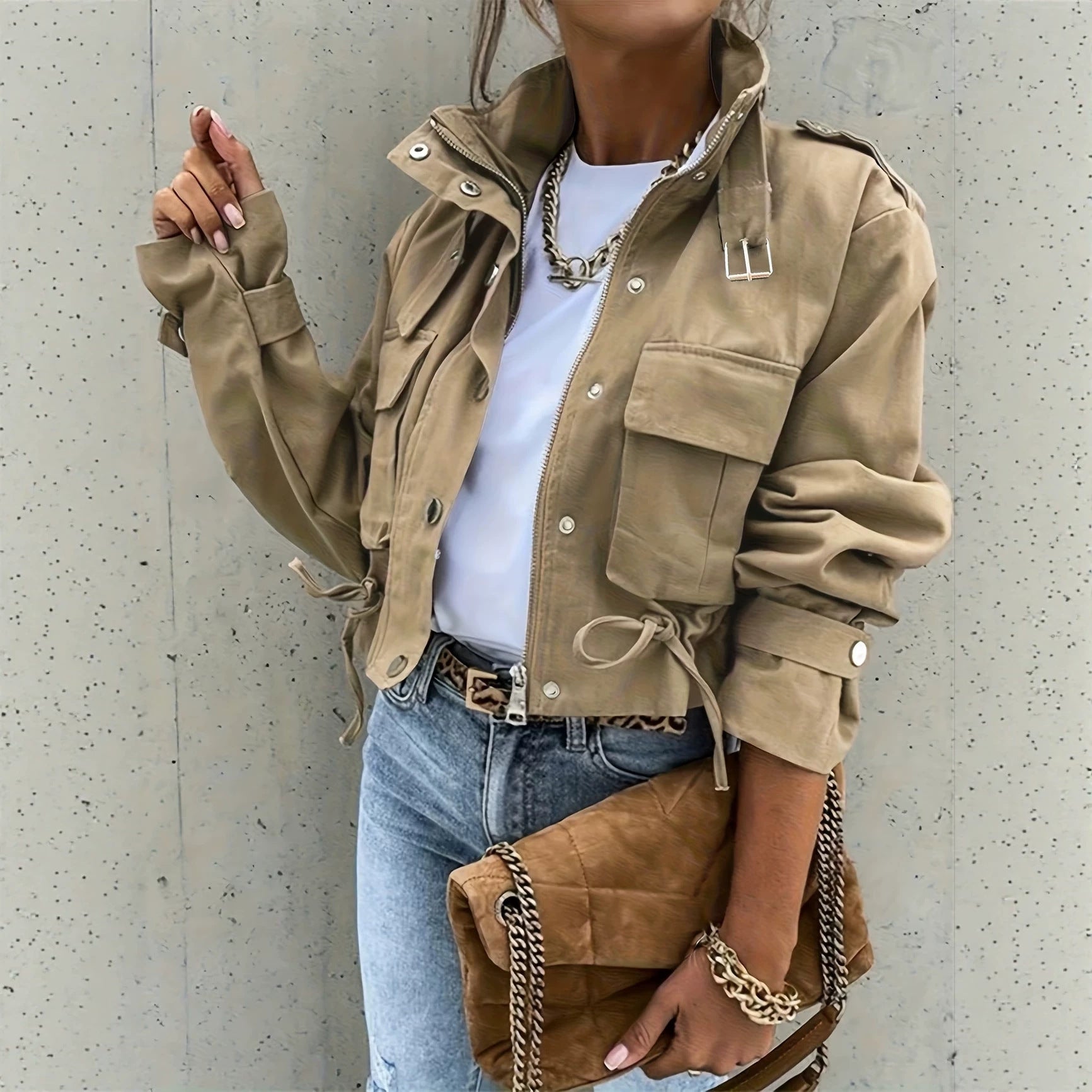 Veste biker pour femme à manches longues avec col montant – Style vintage chic et décontracté