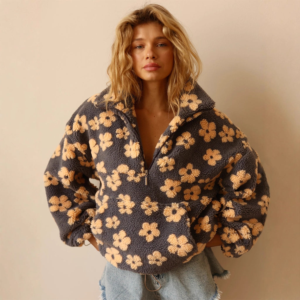 Felpa in pile da donna – Pullover casual con cerniera e tasca