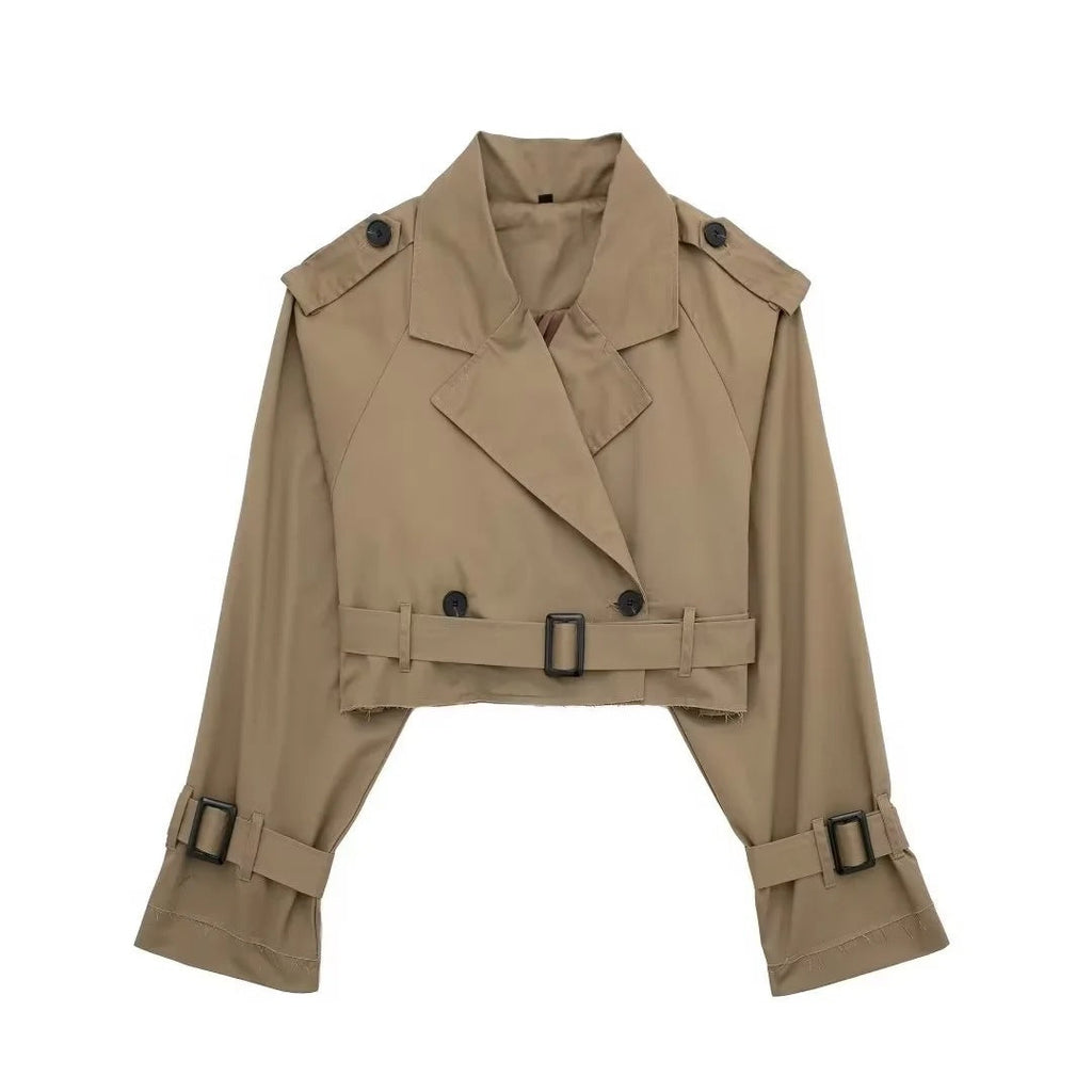 Trench corto da donna - stile doppiopetto corto con cintura