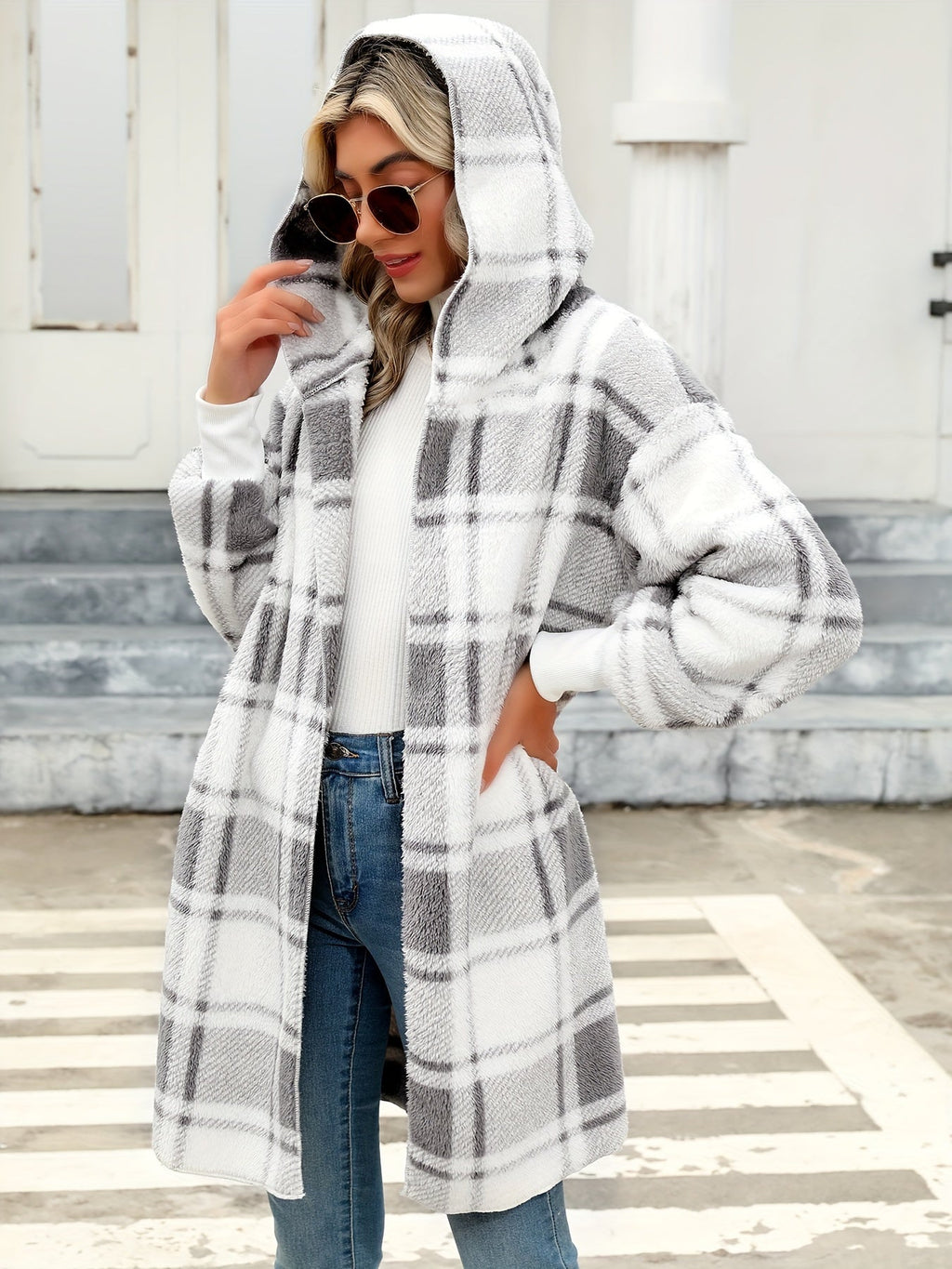 Cardigan donna a quadri con cappuccio - Morbido e casual
