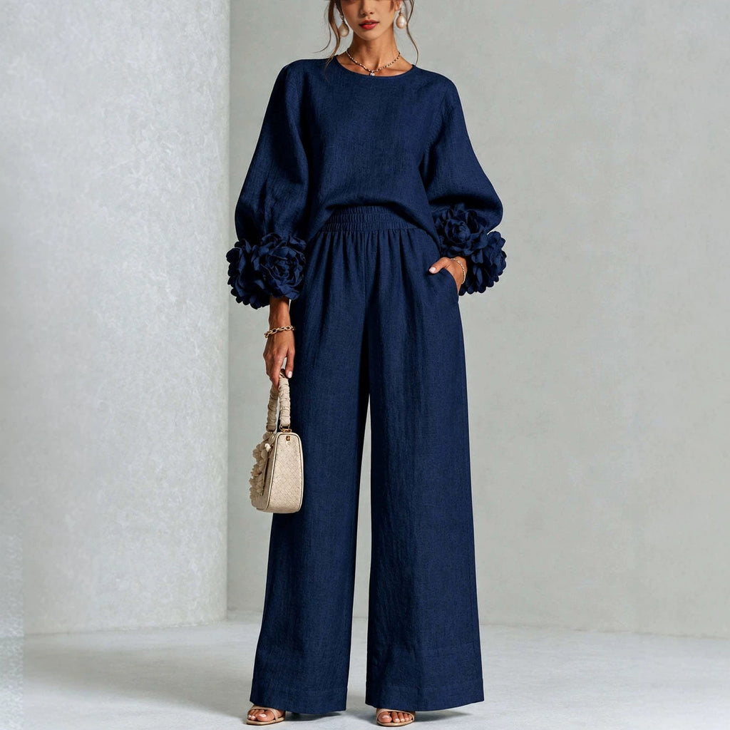Ensemble femme avec top à poignets fleuris et pantalon ample – Élégant et décontracté