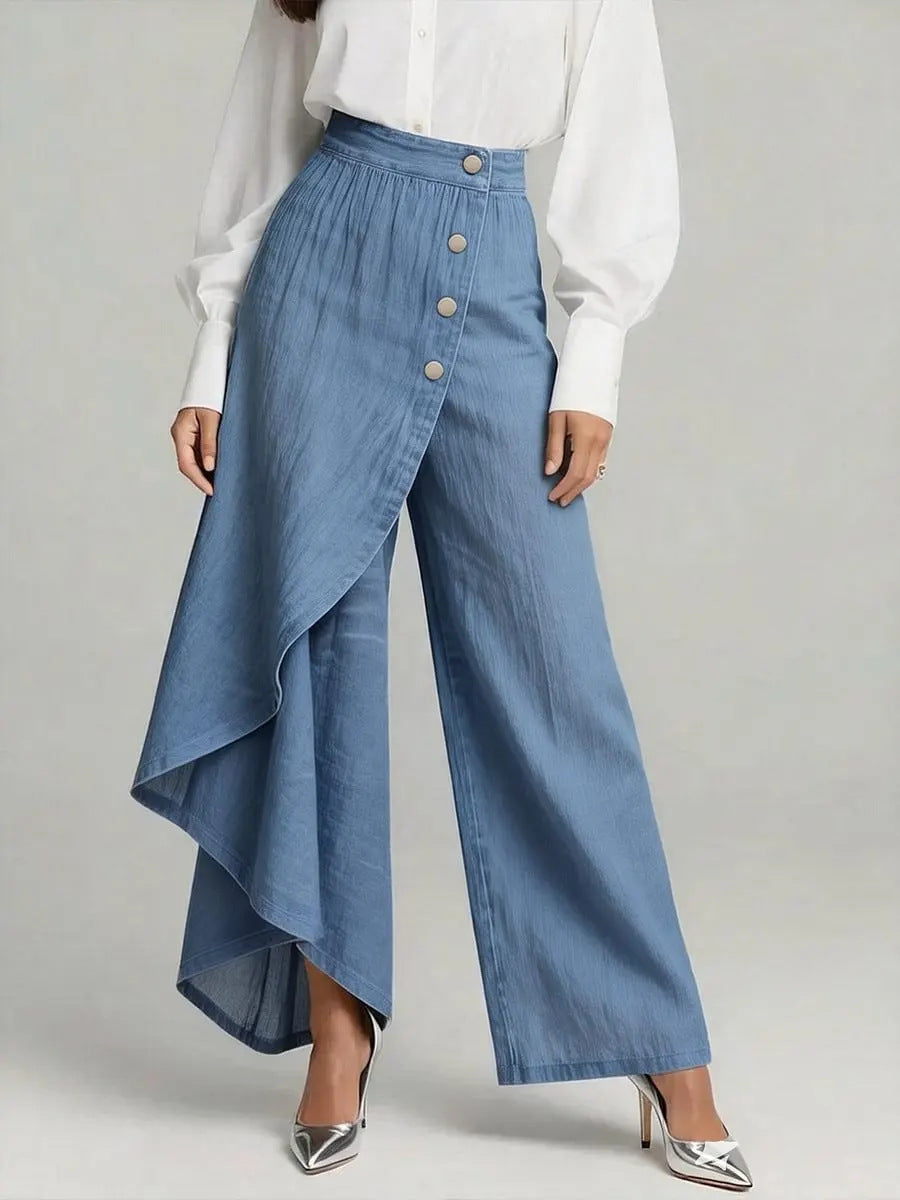 Pantaloni in finto denim a gamba dritta da donna – Pantaloni alla moda con bottoni arricciati
