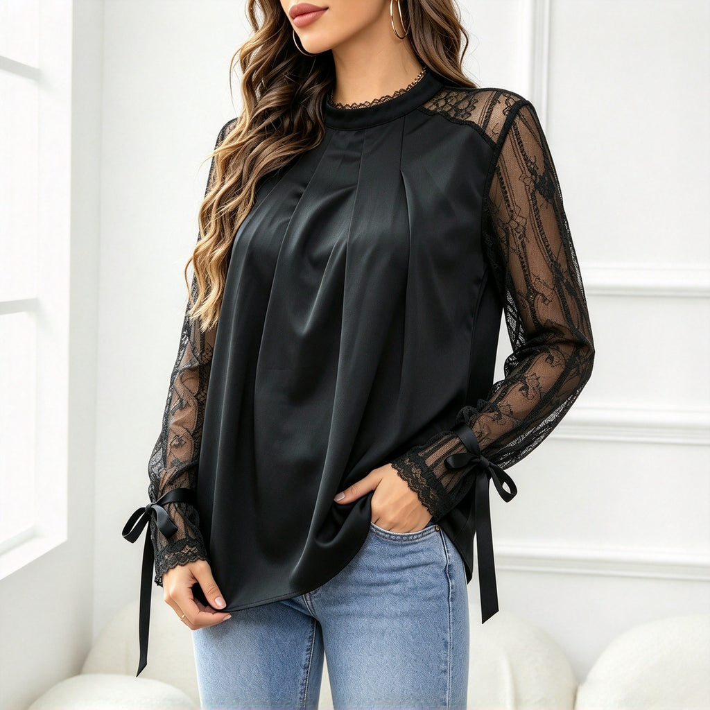 Blouse femme plissée en dentelle à col montant - Élégante et raffinée