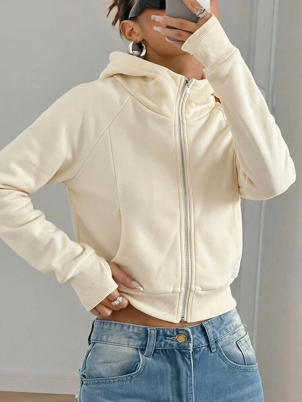 Sweat-shirt court à capuche pour femme, couleur unie – Décontracté et confortable