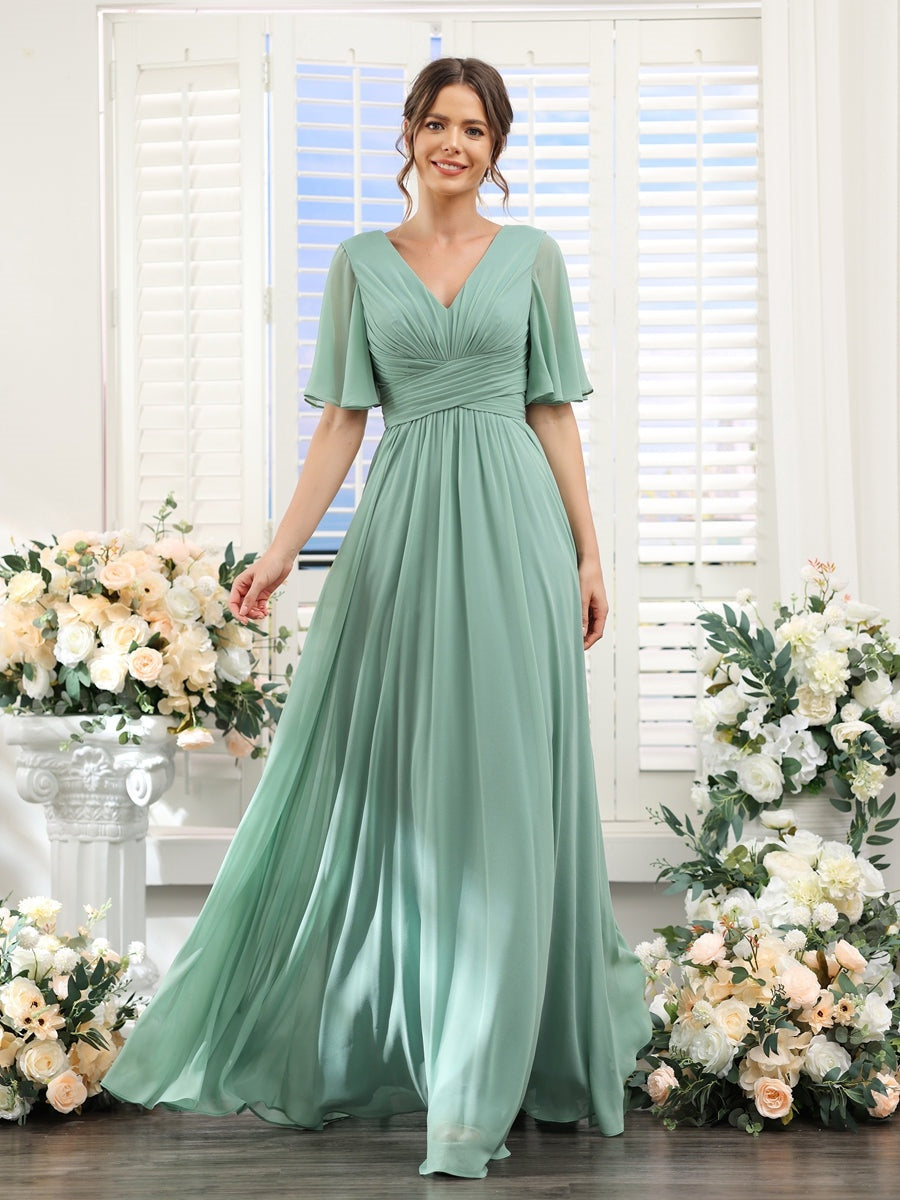 Abito Lungo in Chiffon Elegante – Silhouette Fluida A-Line con Spacco Laterale e Volant