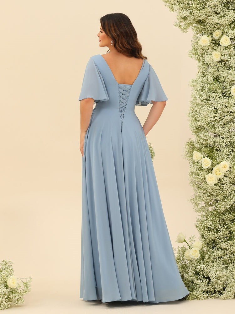 Abito Lungo in Chiffon Elegante – Silhouette Fluida A-Line con Spacco Laterale e Volant