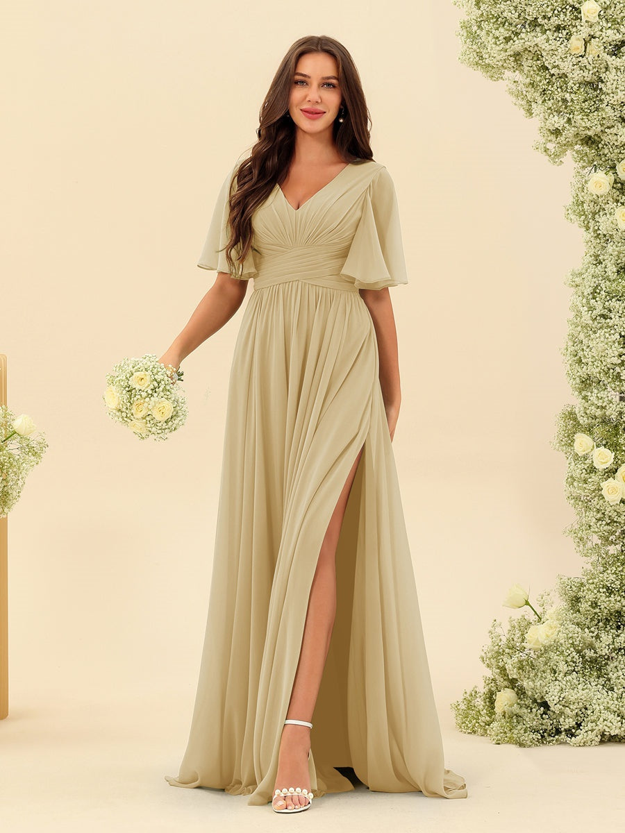 Abito Lungo in Chiffon Elegante – Silhouette Fluida A-Line con Spacco Laterale e Volant