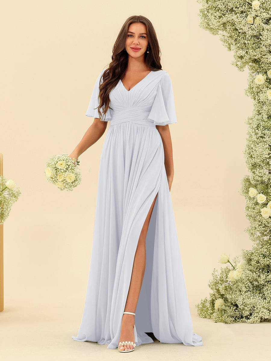 Abito Lungo in Chiffon Elegante – Silhouette Fluida A-Line con Spacco Laterale e Volant