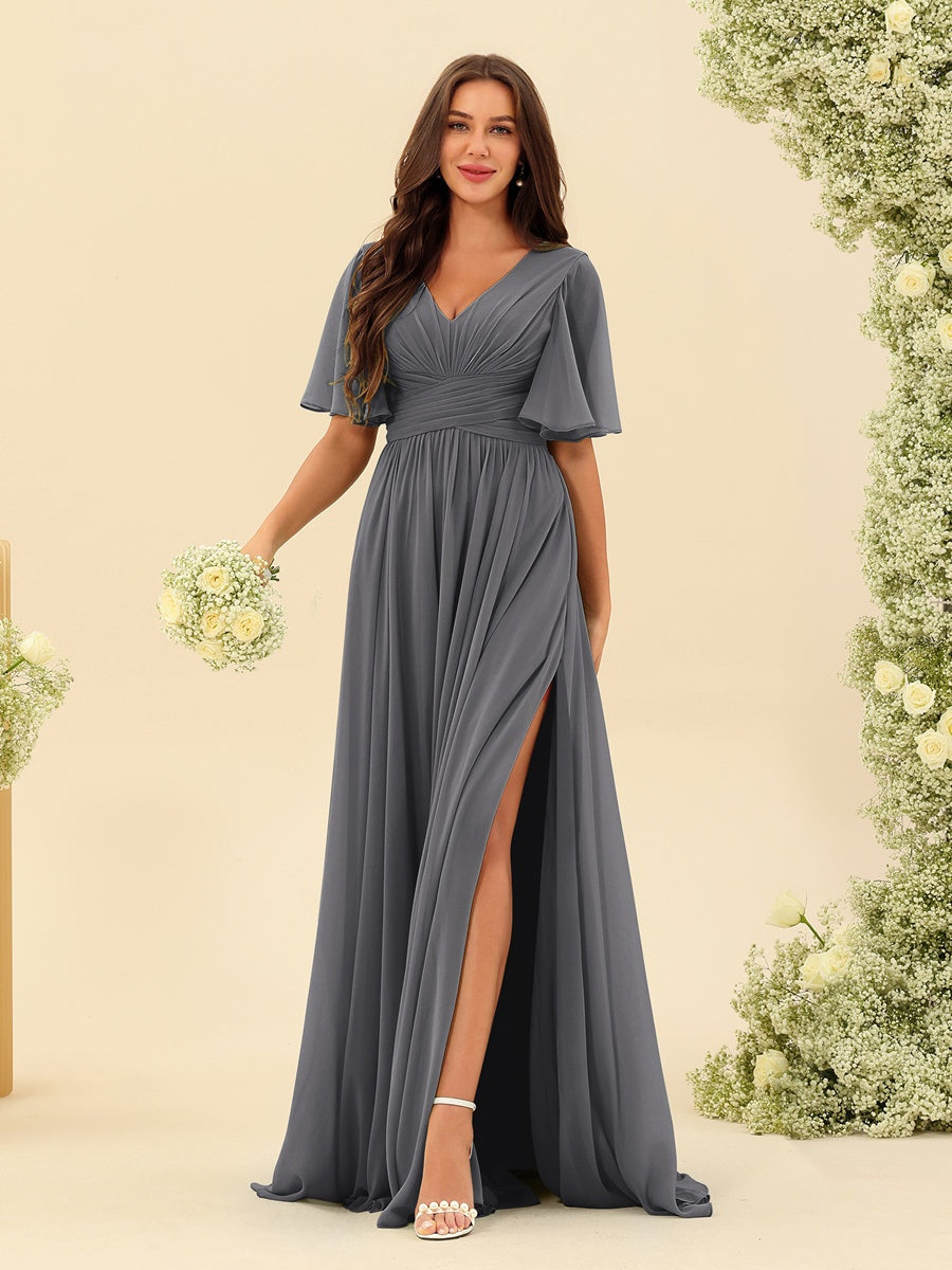 Abito Lungo in Chiffon Elegante – Silhouette Fluida A-Line con Spacco Laterale e Volant