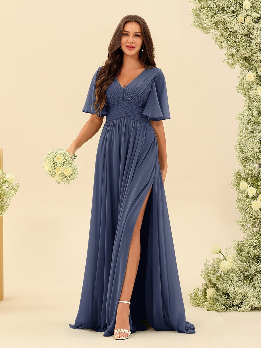 Abito Lungo in Chiffon Elegante – Silhouette Fluida A-Line con Spacco Laterale e Volant