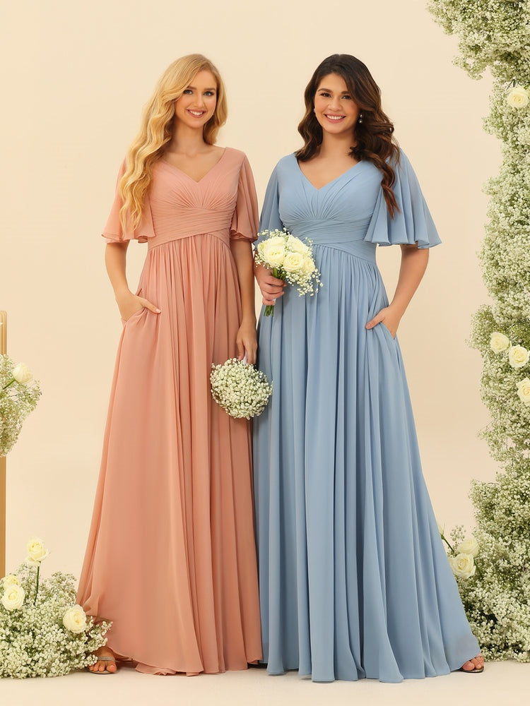 Abito Lungo in Chiffon Elegante – Silhouette Fluida A-Line con Spacco Laterale e Volant