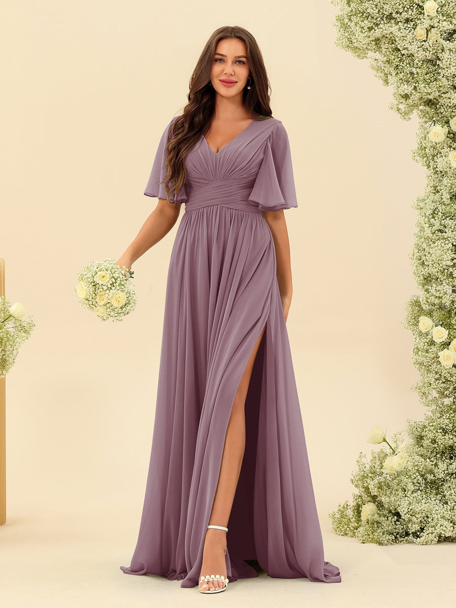 Abito Lungo in Chiffon Elegante – Silhouette Fluida A-Line con Spacco Laterale e Volant