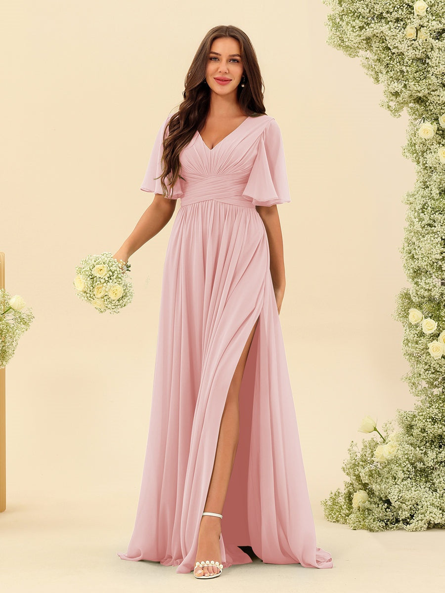 Abito Lungo in Chiffon Elegante – Silhouette Fluida A-Line con Spacco Laterale e Volant