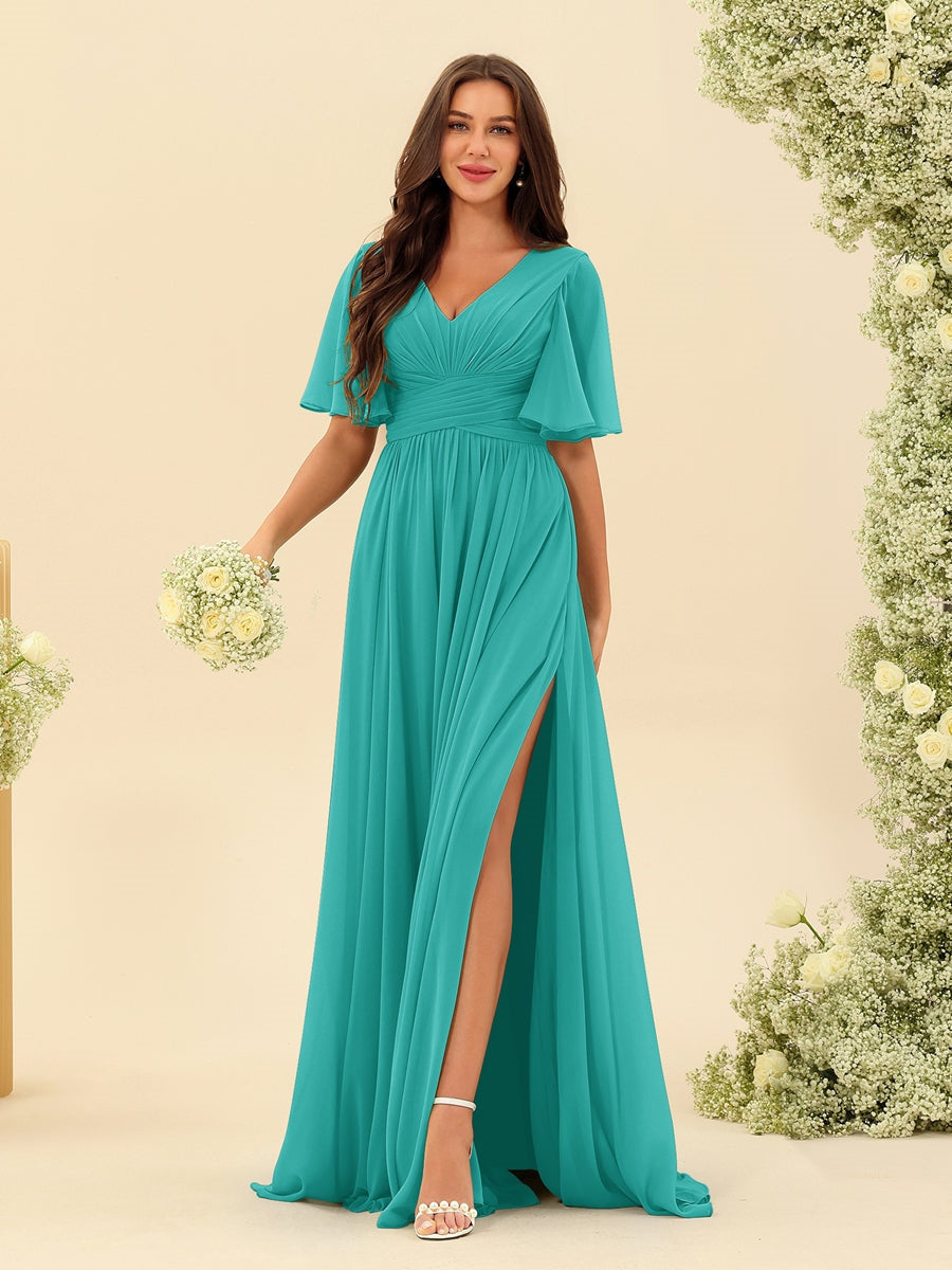 Abito Lungo in Chiffon Elegante – Silhouette Fluida A-Line con Spacco Laterale e Volant