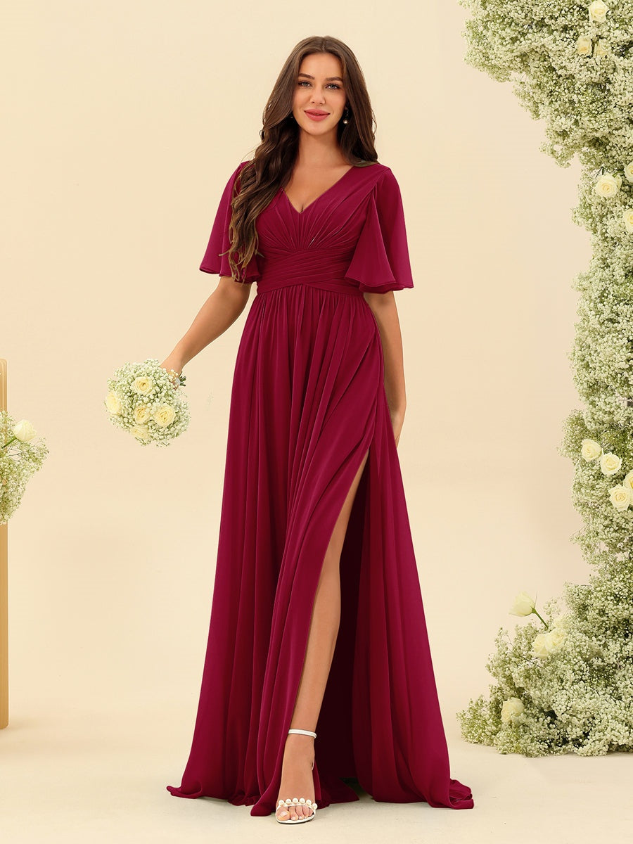 Abito Lungo in Chiffon Elegante – Silhouette Fluida A-Line con Spacco Laterale e Volant