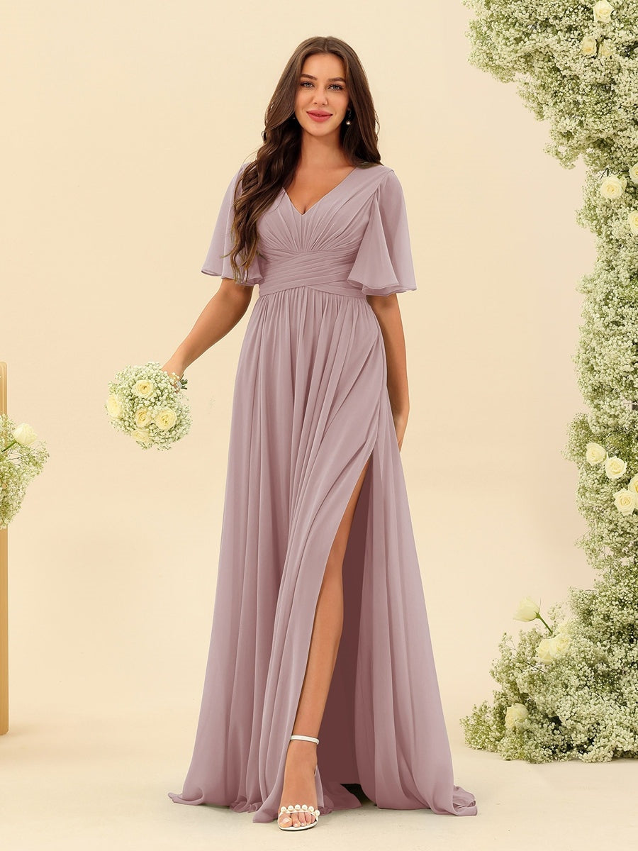 Abito Lungo in Chiffon Elegante – Silhouette Fluida A-Line con Spacco Laterale e Volant