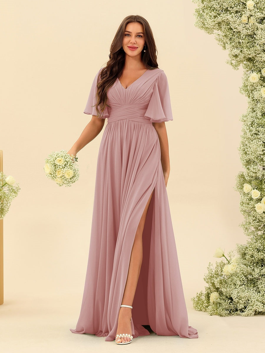 Abito Lungo in Chiffon Elegante – Silhouette Fluida A-Line con Spacco Laterale e Volant