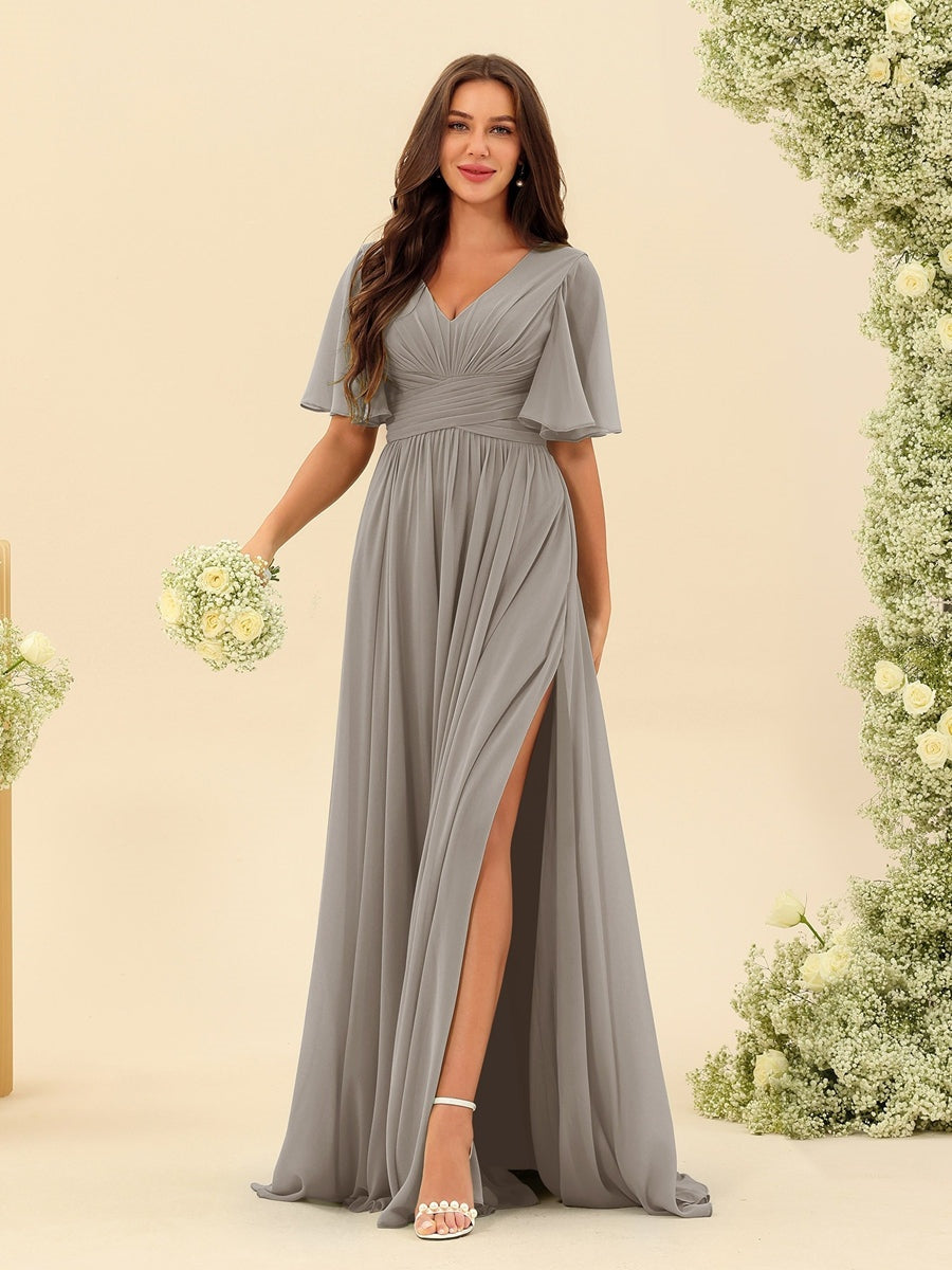 Abito Lungo in Chiffon Elegante – Silhouette Fluida A-Line con Spacco Laterale e Volant